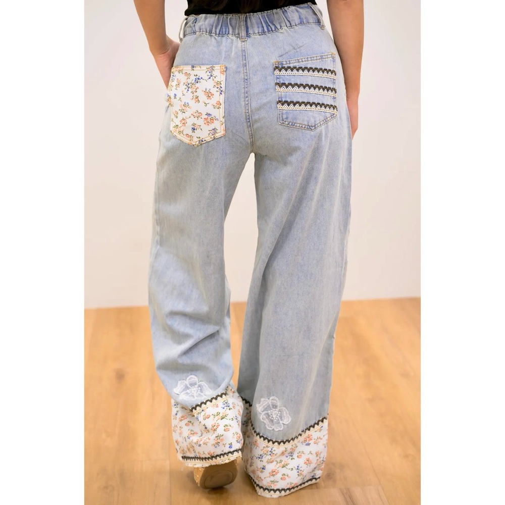 POL Flower Patched & Embroidered Wide Leg Summer Jeans